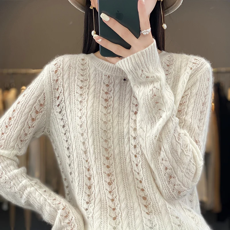 Autumn/Winter New 100% Pure Wool Sweater Casual Solid Color Knit Blouse Round Neck Hollow Tops Loose Fashion Ladies Pullover