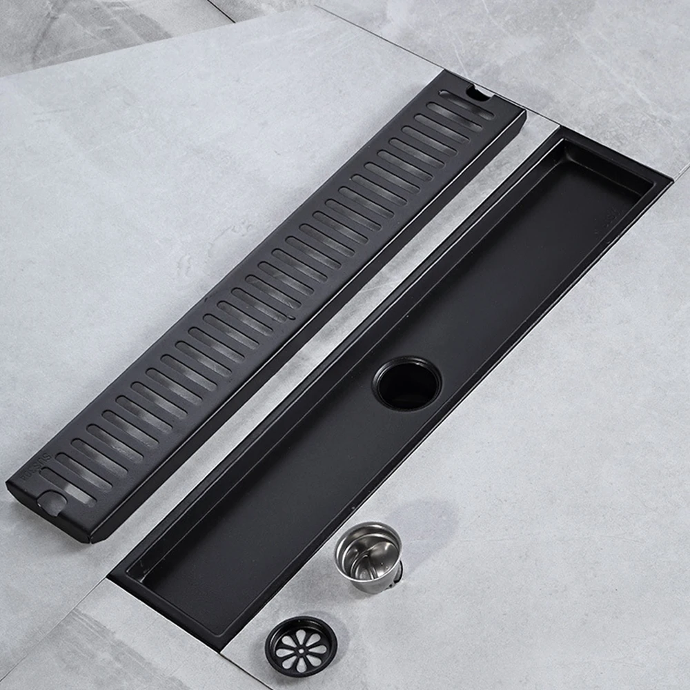 Black 20-100cm Side/mid Outlet Shower Drain Stainless Steel Bathroom Floor Drainage Linear Waste Filter Anti-odor Accessories