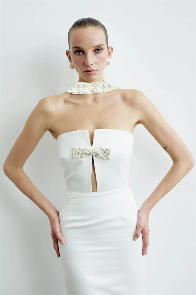 

White Bandage Crystals Prom Dress Elegant Halter Neck Sleeveless Slim Fit Party Gown Formal Wedding Guest Birthday Evening Robe