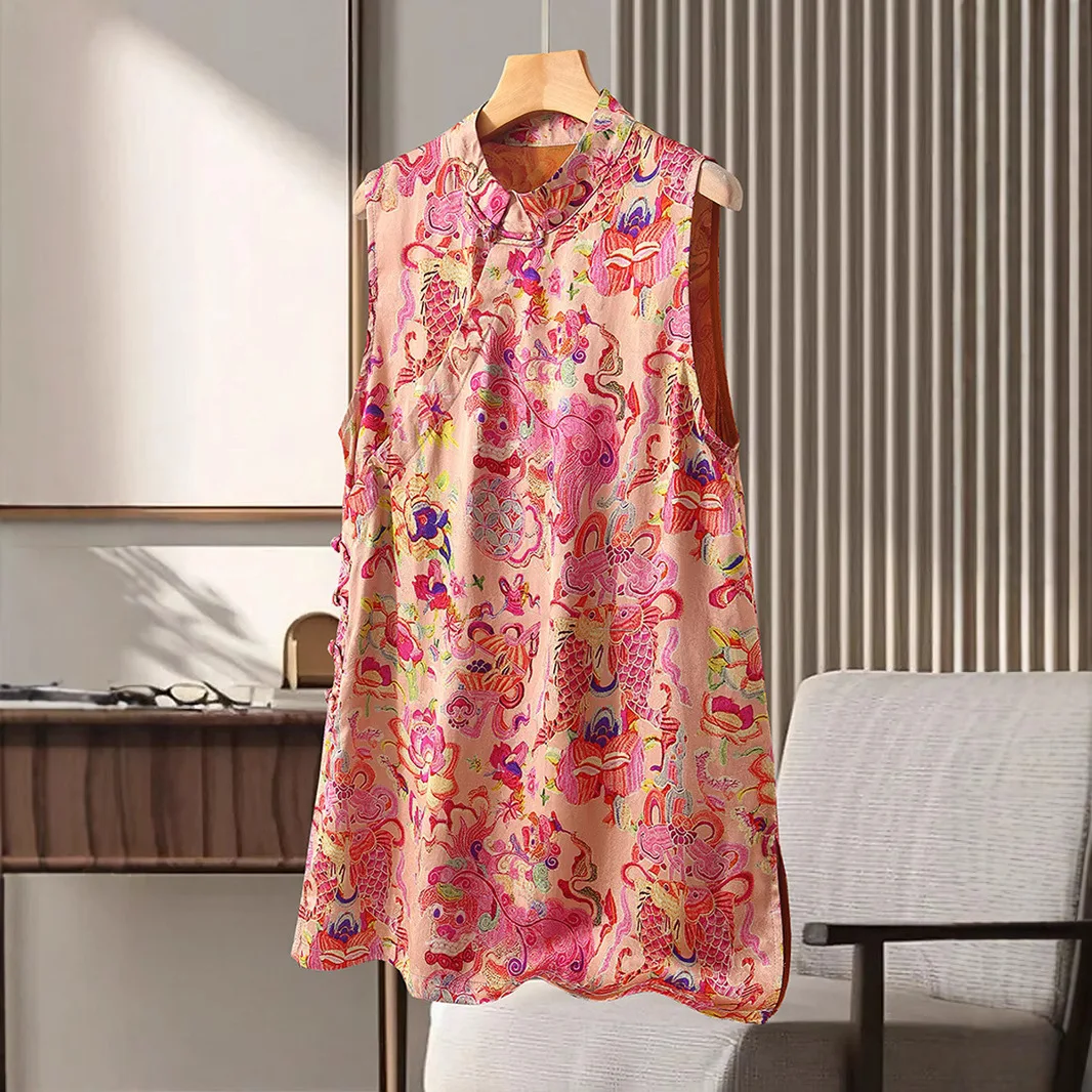 

Human silk fragrant cloud yarn 2026 summer loose mid-length national style Chinese improved cheongsam sleeveless vest top