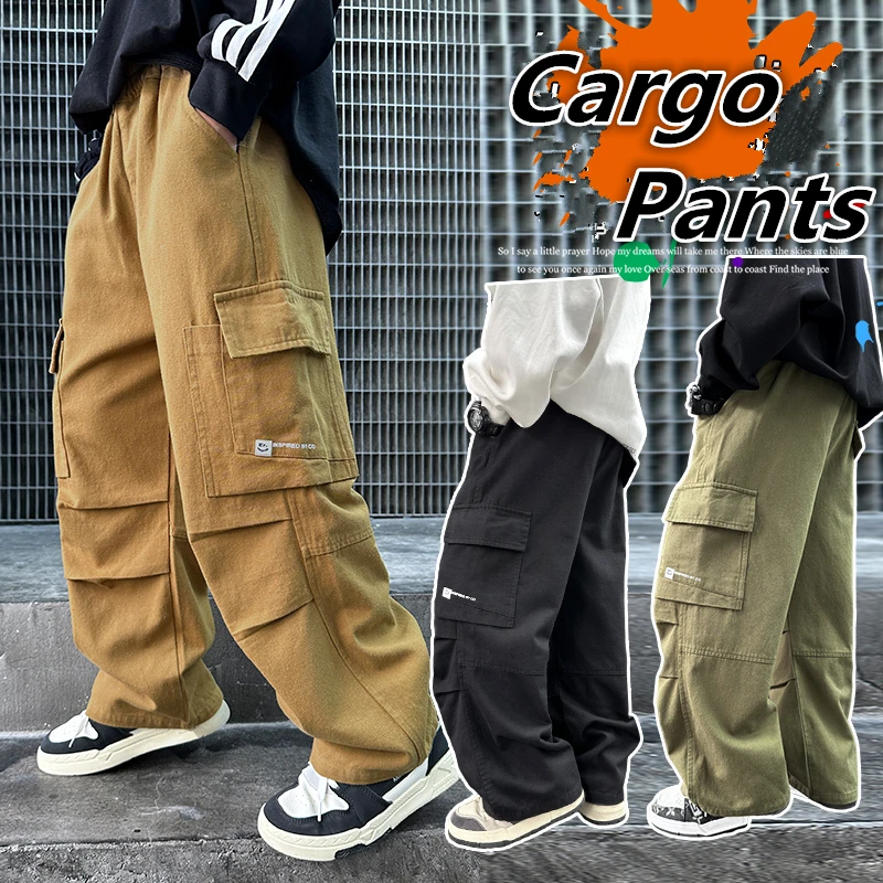 

Korean Kids Loose Straight Cargo Pants With Pocket for Boys Casual Cotton Sweatpants Children Fashion School Trousers 5 To 14 Y