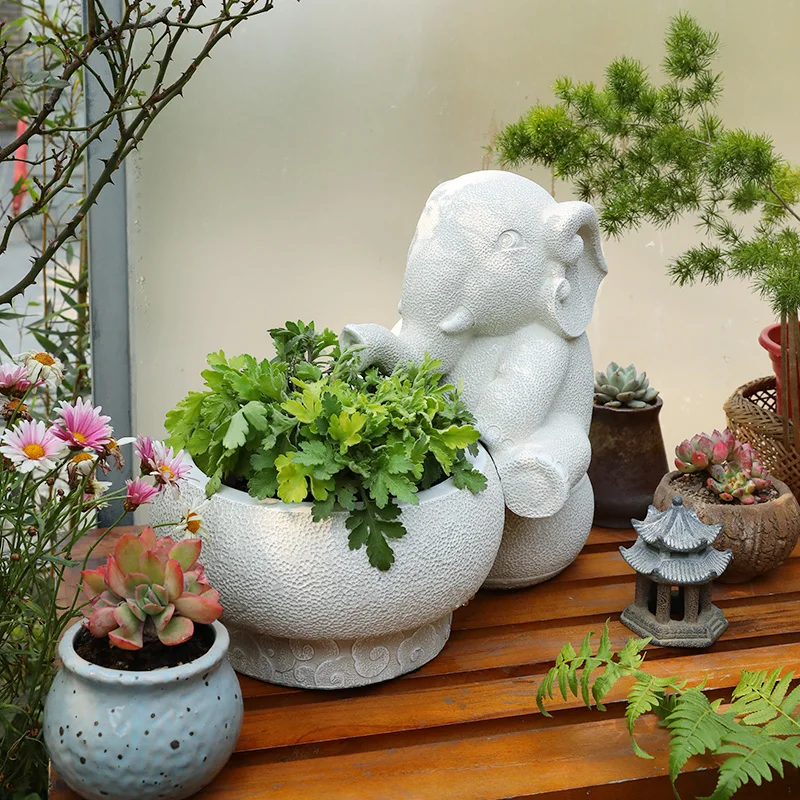 *Chinese elephant flower pot retro resin succulent rockery landscaping creative potted animal flower device