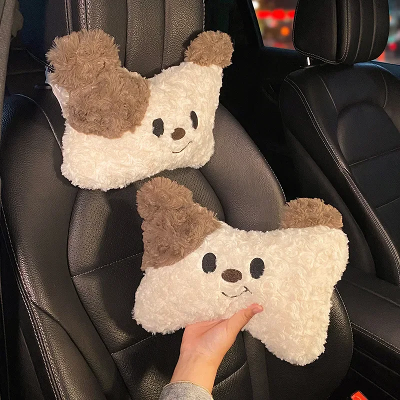 Car Headrest Neck Pillow A Pair Female Driver's Pillows Cute Little Dog Cars Seat Backrest Car Seats Waist Backrest Neck Pillows