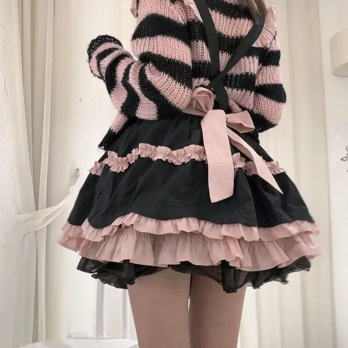 

Harajuku Sweet Lolita черно-розовые юбки Y2k готическая винтажная юбка-тортик для женщин плиссированная универсальная Faldas Mujer с рюшами