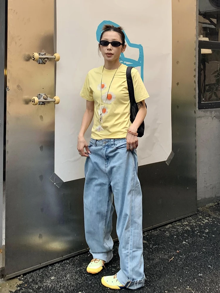 

Оригинальные рваные джинсы MMBBT для женщин: винтажные американские свободные брюки с широкими штанинами для уличных танцев, модные удлиненные штаны