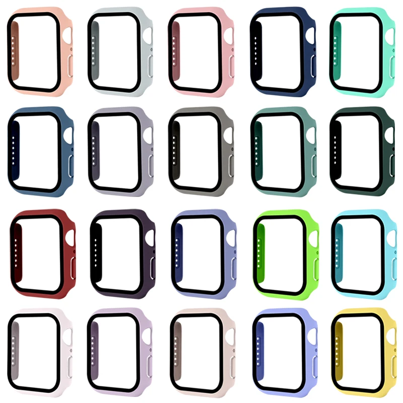 Glass+Case for Apple Watch 8 7 45mm 41mm 44mm 40mm Screen Protector Cover Straight Edge Bumper iWatch Series 4 5 SE Accessories