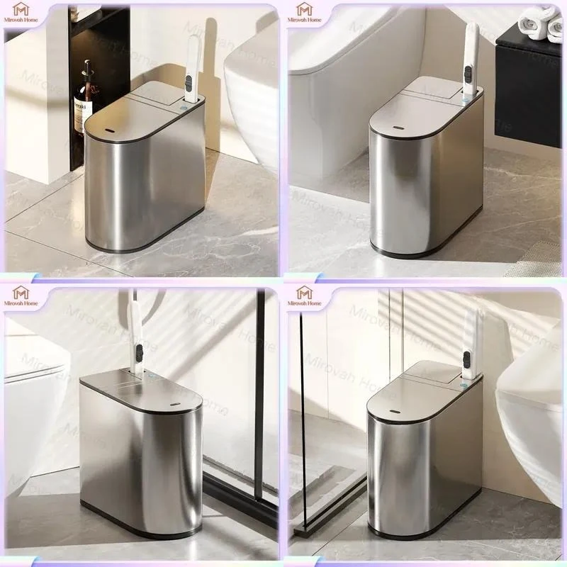 For Smart Sensor Trash Can Automatic Stainless Steel Waste Bin with Toilet Brush Holder Narrow Slim Design for Bathroom
