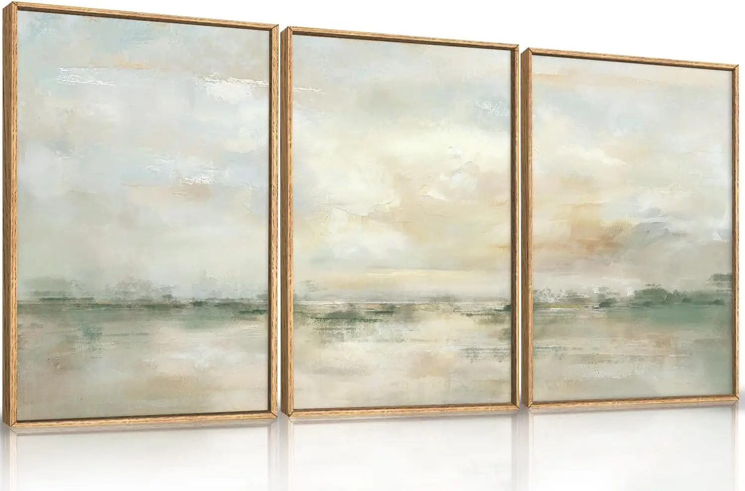 Set of 3 Framed Green Gray Pastel Neutral Landscape Canvas Wall Art Prints 24 X 36 Inch, Watercolor Lake Textured Illustrations Indoor Wall Decor for Living Room Bedroom Office