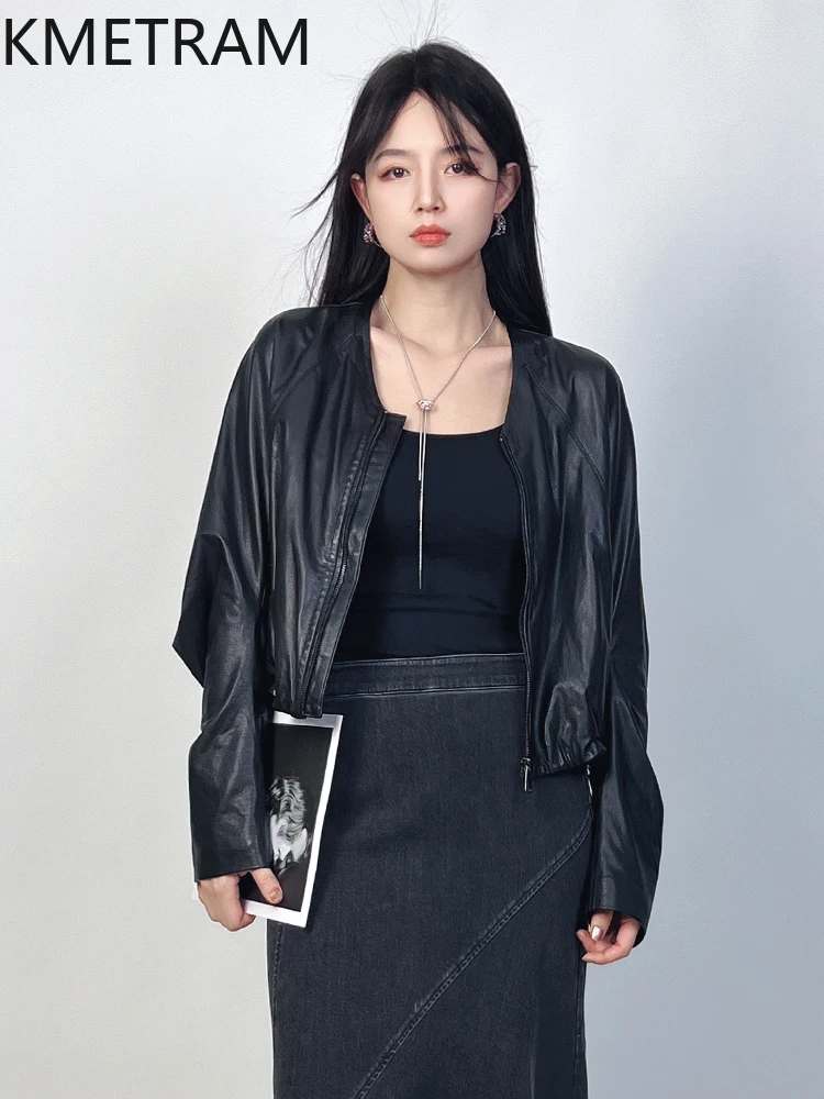 100% シープスキンジャケット女性バットウィングスリーブ黒ショート本革ジャケット女性新アウター秋服 2025 кожанка