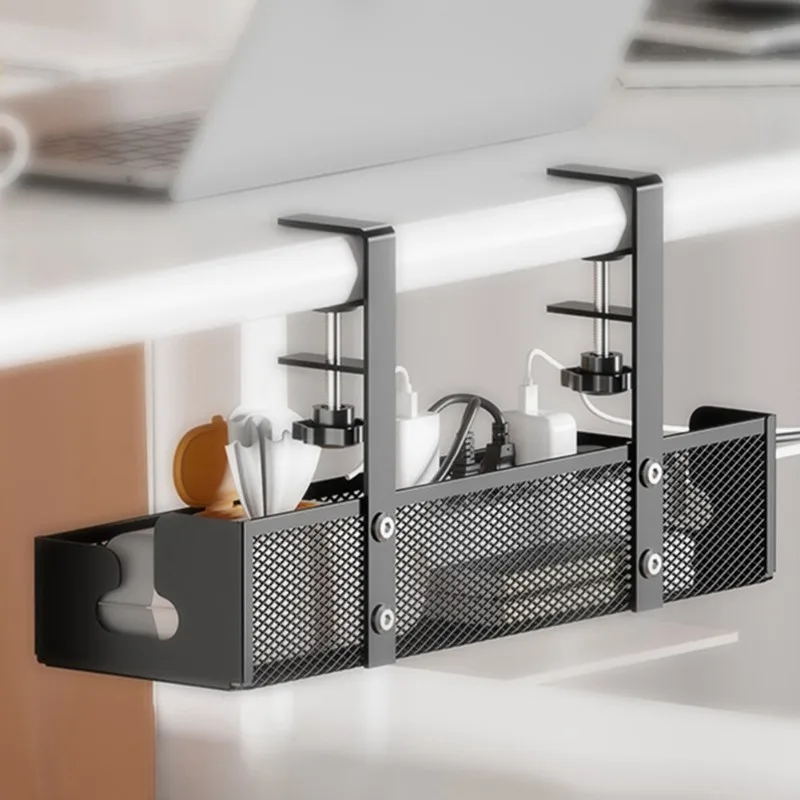 AT29-Multipurpose No-Drill Cable Organizer-Wire Management Basket In Carbon Steel For Desk Storage