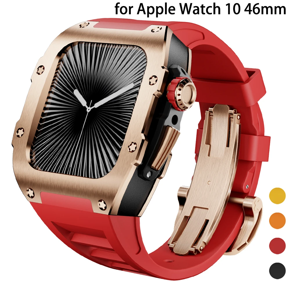 Luxury Modification Kit for Apple Watch Series 10 46mm Stainless Steel Protector Case Cover Rubber Strap iWatch Band Accessories
