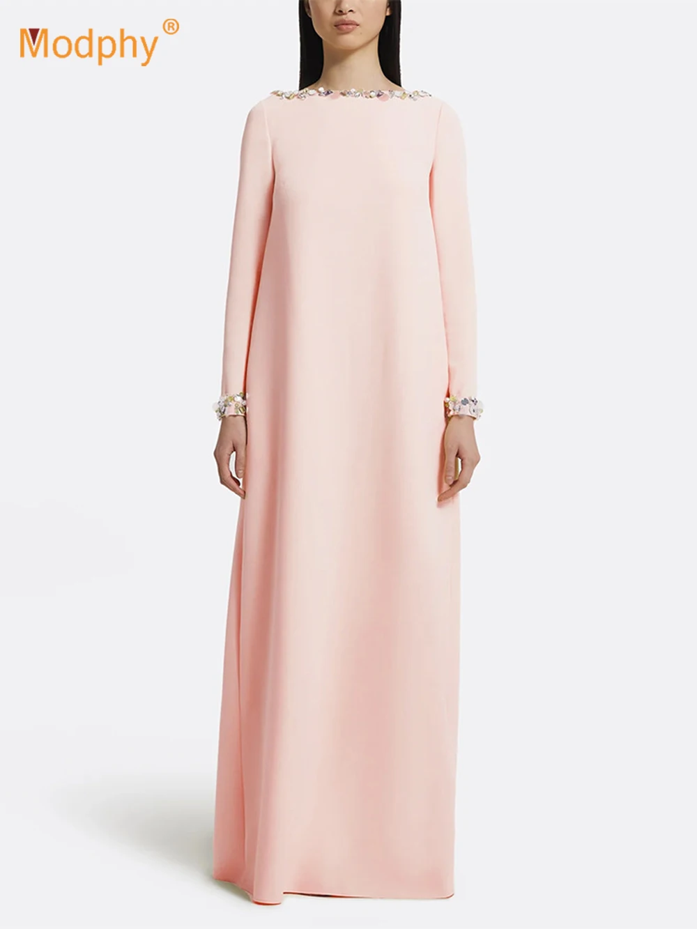 

Modphy Loose Solid Crystal Bead Elegant Chic Dresses For Women Round Neck Long Sleeve Solid Long Maxi Dress Female