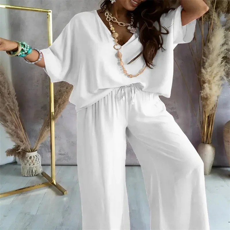 2024 summer popular V-neck bat sleeve rayon top lace up casual pants suit