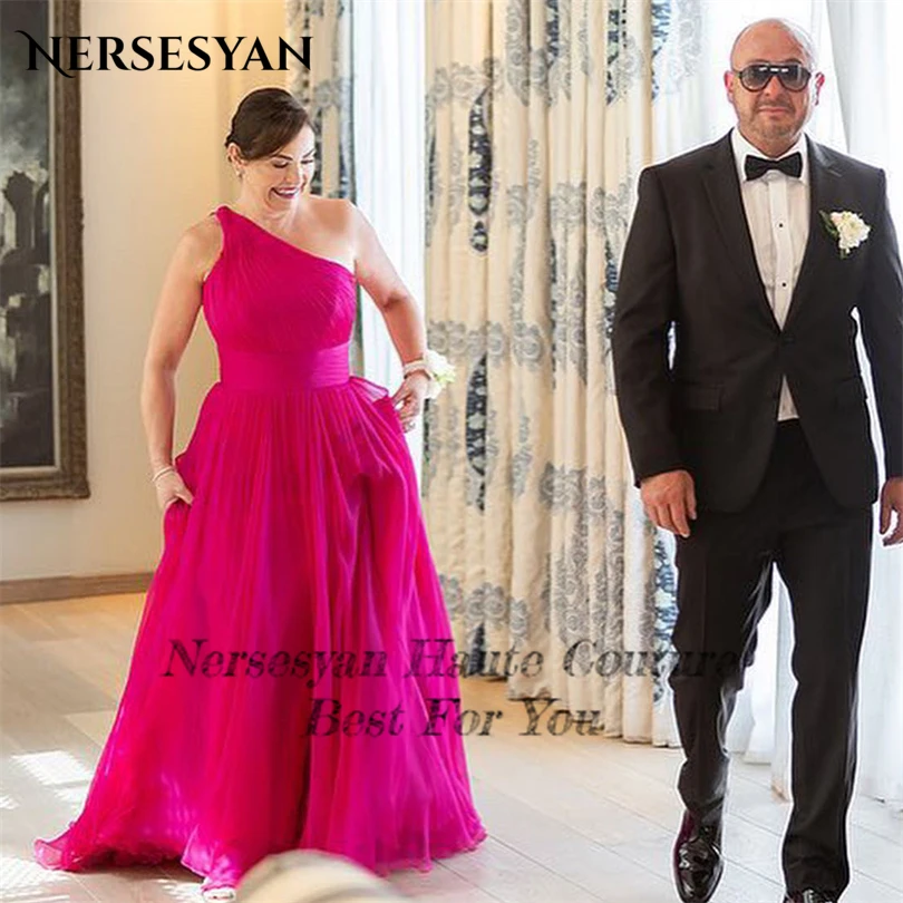 Nersesyan Pink Tulle Sleeveless Formal Evening Dresses One Shoulder Pleated Graduation Party Gowns A Line Draped Prom Gown 2023