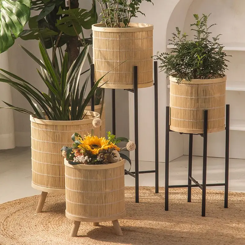 Nordic flower plant rack rattan flower storage rack living room balcony flower pot household floor plants pots rack