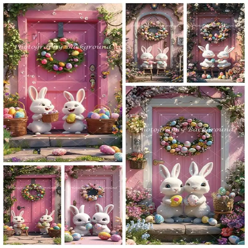 

Spring Blooming Floral Easter Rabbit Photography Background Bunny Eggs Pink Door Wreath Kids Festival Party Decoration Backdrops