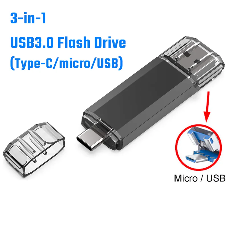 Pen Drive 3 en 1 para teléfono inteligente, memoria externa de 64GB, OTG, 128GB, tipo C, USB 3,0, 256gb, 512gb, MacBook y Tablet