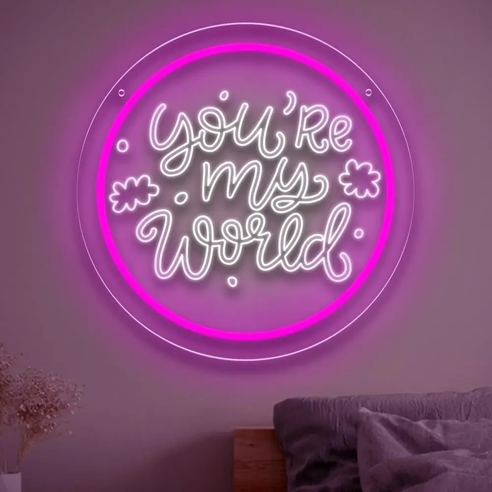 Youre My World Neon Sign Pink Round LED Wall Art Acrylic USB Dimmable Hanging Light Romantic Couple Gift Decoration