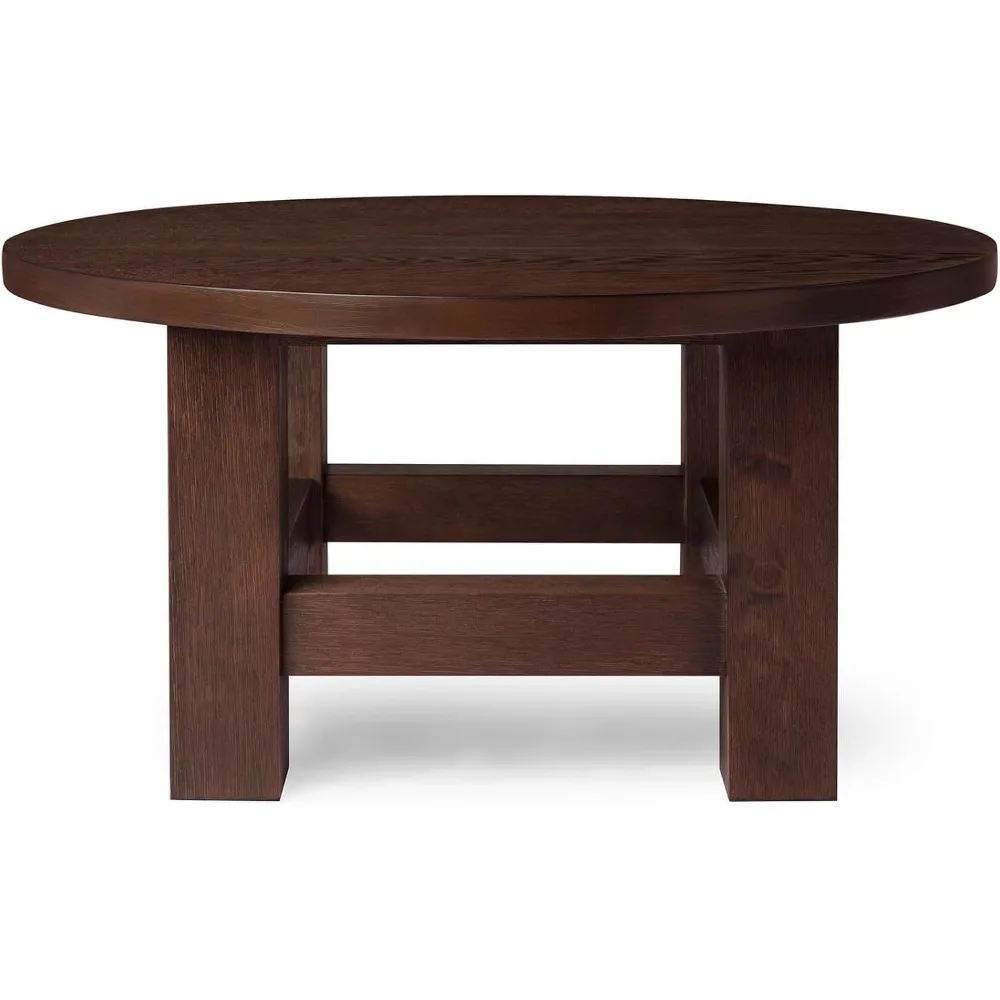 Round Wood Coffee    Rustic Accent    Organic Wire Brushed Finish Indoor Family Room Circular    Aged Brown 35 Inch