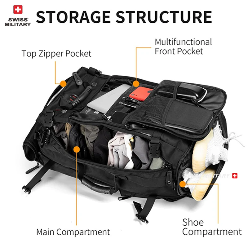 스위스 군사 대용량 여행 배낭 수하물 스포츠 훈련 피트니스 독립 신발 보관 가방, 노트북 가방, 50L, 70L