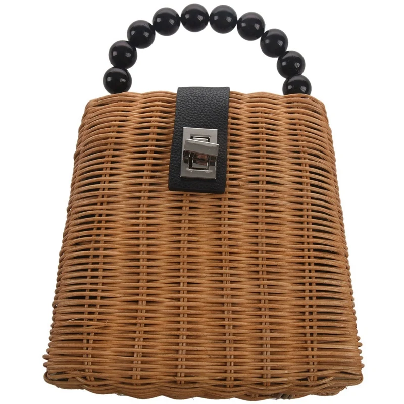 Straw Bag Paper Rope Round Bucket Hollow Woven Bag & Bead Hand-Woven Straw Bag Women Small Tote Bags