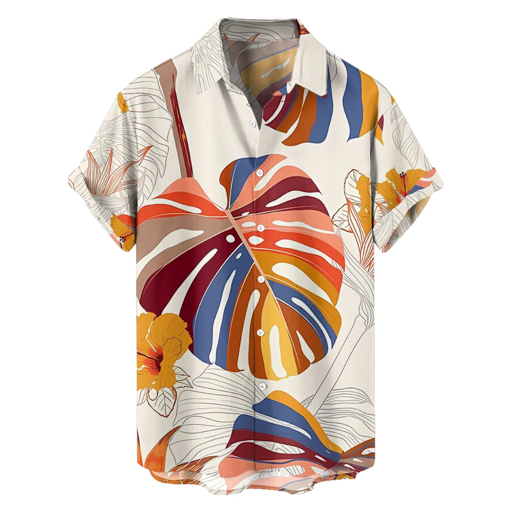 

2024 New original Summer leaf render casual travel Plus size short sleeve shirt Hawaiian style digital print loose trend shirt