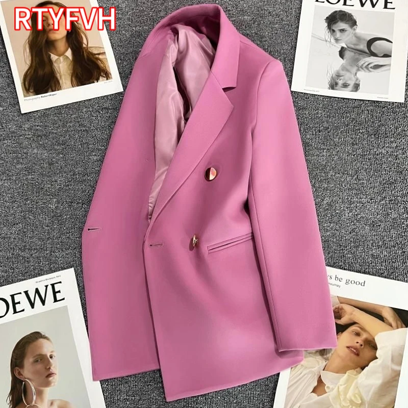 

Purple Pink Metal Buttons Suit Coat Women 2024 New British Style Double Breasted Jacket Tops Spring Autumn Loose Casual Blazer