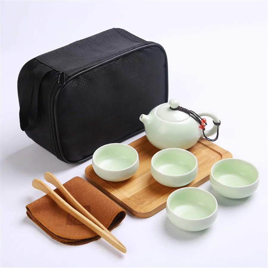 Handmade Chinese Japanese Vintage Kungfu Gongfu Tea Set Porcelain Teapot Teacups Bamboo Tea Tray Tea Mat with a Portable Bag New