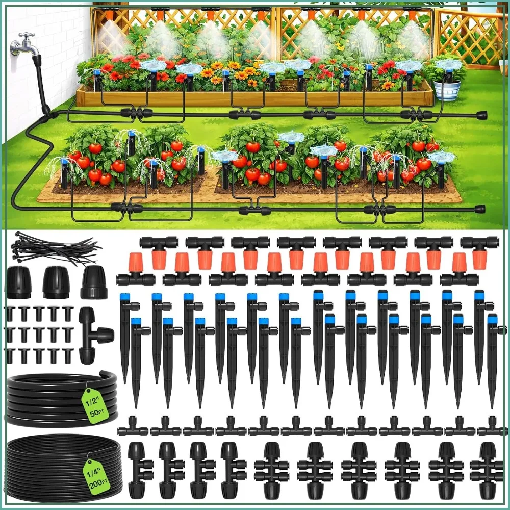 250ft Drip Irrigation System Kit, Quick-Connect Garden Misting Watering System with 1/2" 1/4" Tubing Adjustable Nozzles Sprinklers for Indoor Outdoor Garden Potted Plant Lawn Greenhouse