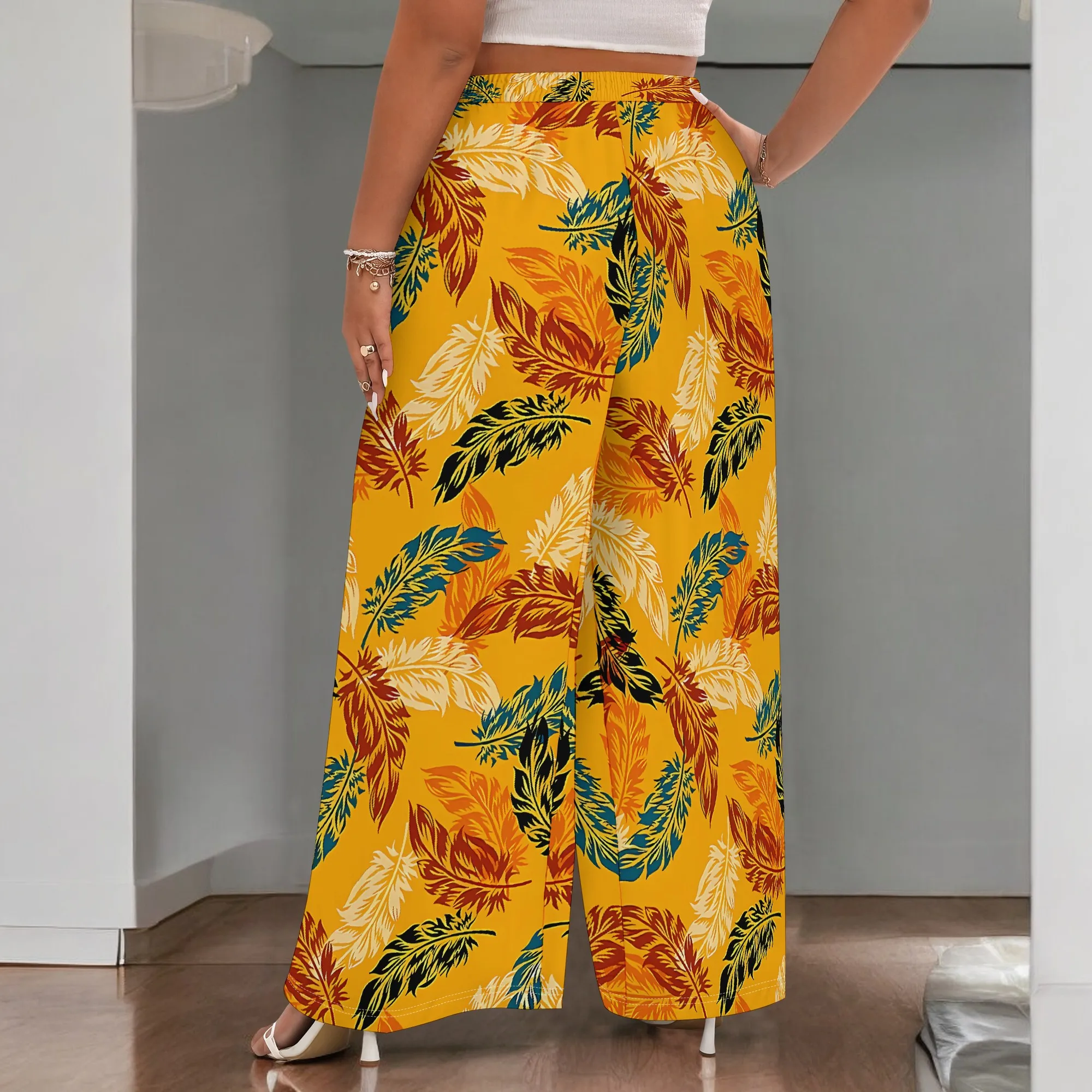 Nupusa Leaf Print Pants for Women Summer Casual High - Waisted Wide Leg Trousers