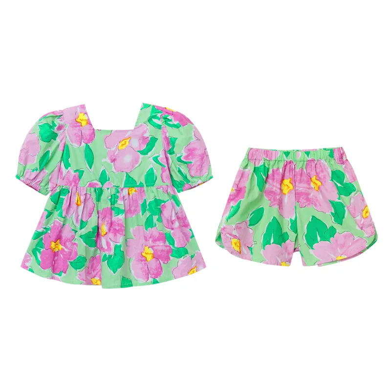 New Summer Girls\' Clothing Sets Sweet Casual Flower Doll Shirt And Shorts Fashion Baby Kids Outfit Children Girls Clothes Suit