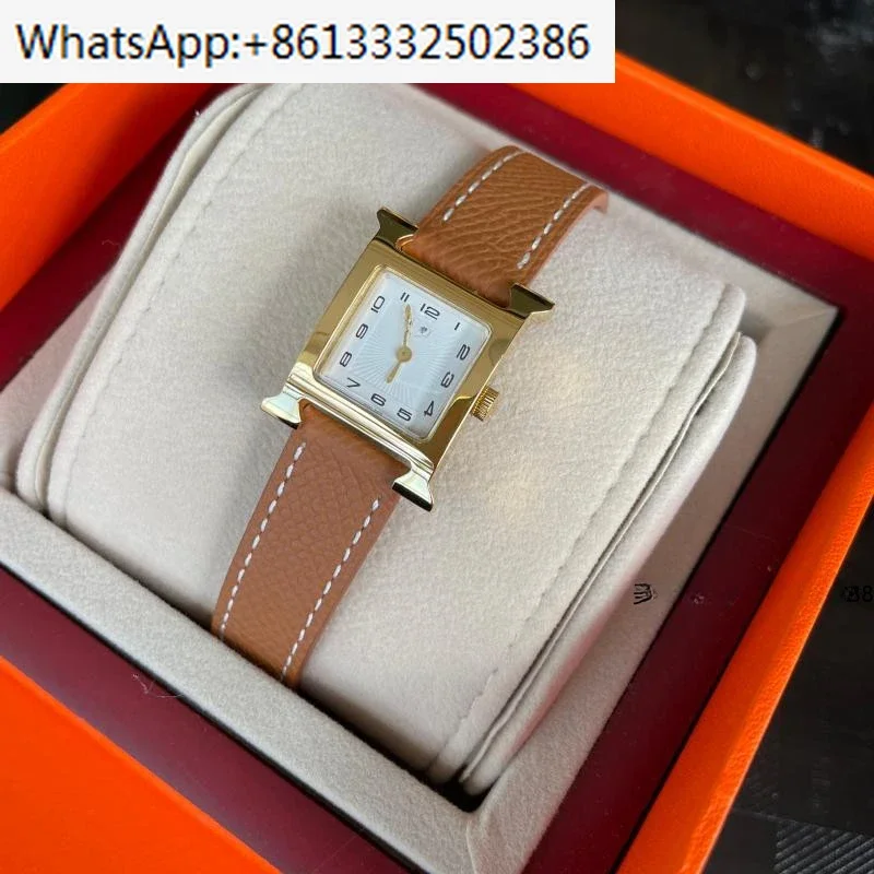 Strap H Watch, Gold, Brown, Gold Buckle, Digital Dial, Lychee Leather Quartz Hot Selling Women's Watch H S