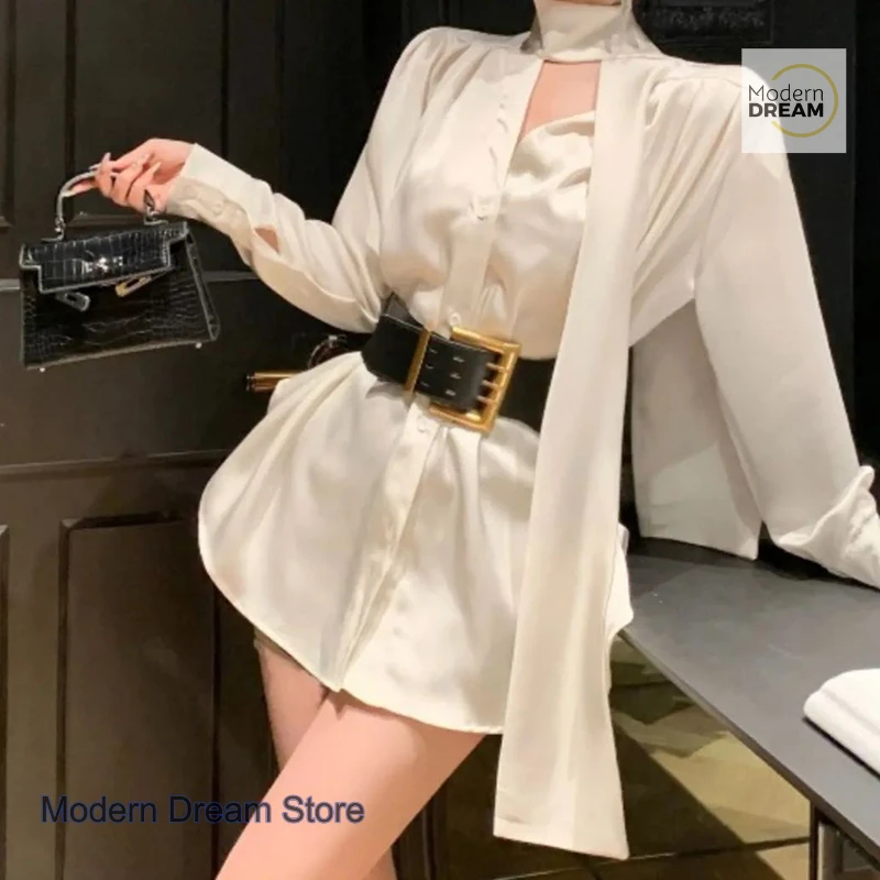 فستان بحزام معدني للسيدات من الدرجة العالية الفرنسية للربيع والخريف تنورة قميص بشريط من الساتان بمزاج الأخت الأكبر سناً