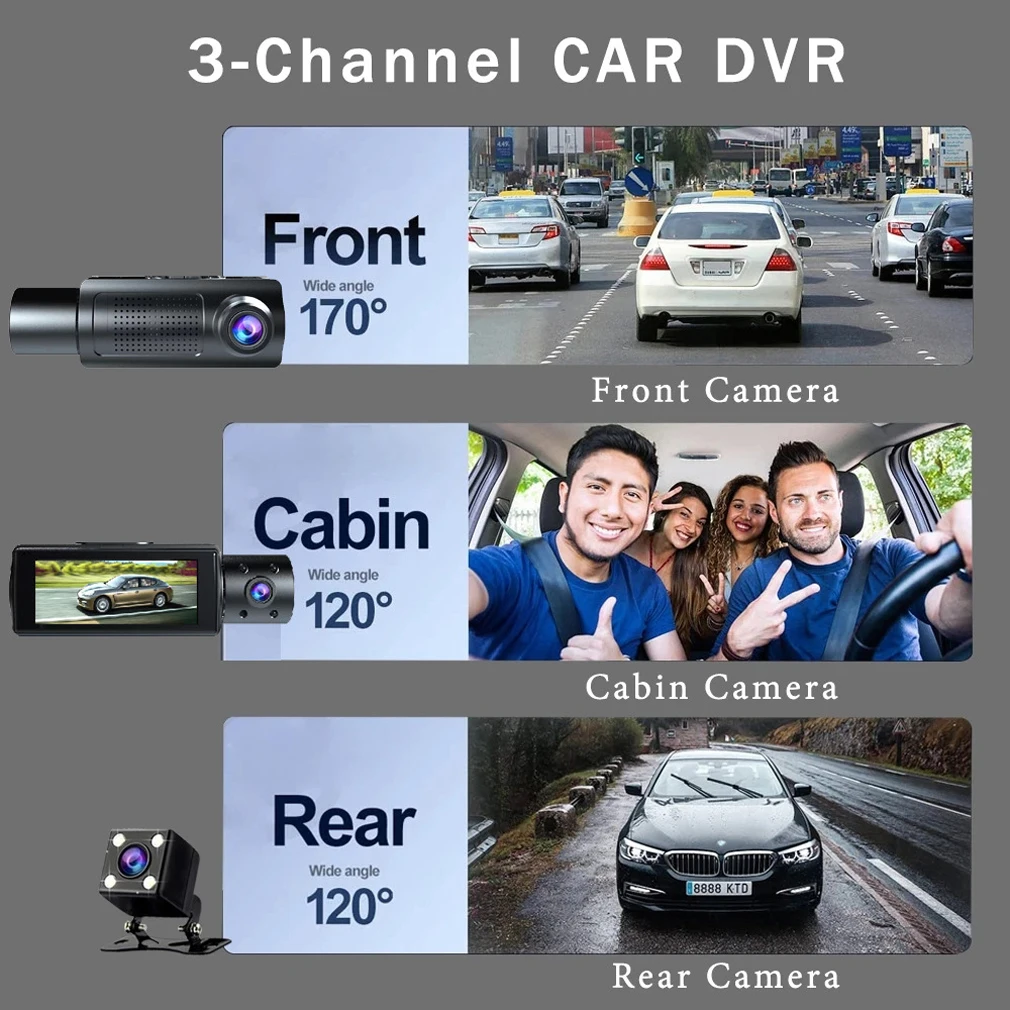 3 Cameras Dash Cam for Cars, Front HD 1080P Inside and Rear camera , Night Vision IR Cabin Light with 3.16 inch Car DVR