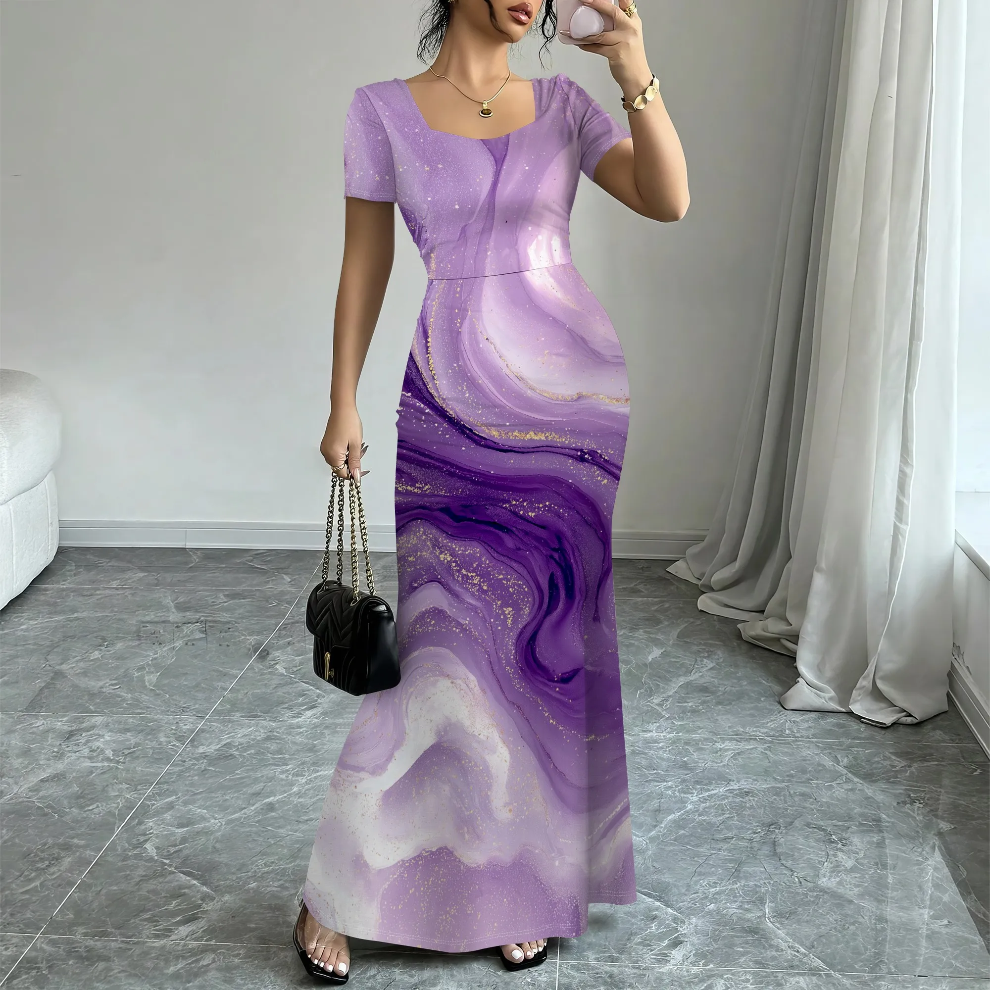 

Women’s Marble Print Short Sleeve Maxi Dress Elegant Slim Fit Summer Wedding Guest Party Long Dress XS-3XL