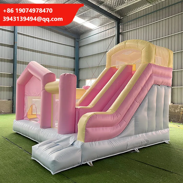 

Pastel Pink Bounce House Combo Commercial Grade PVC Inflatable Kids Bouncer With Slide For Parties