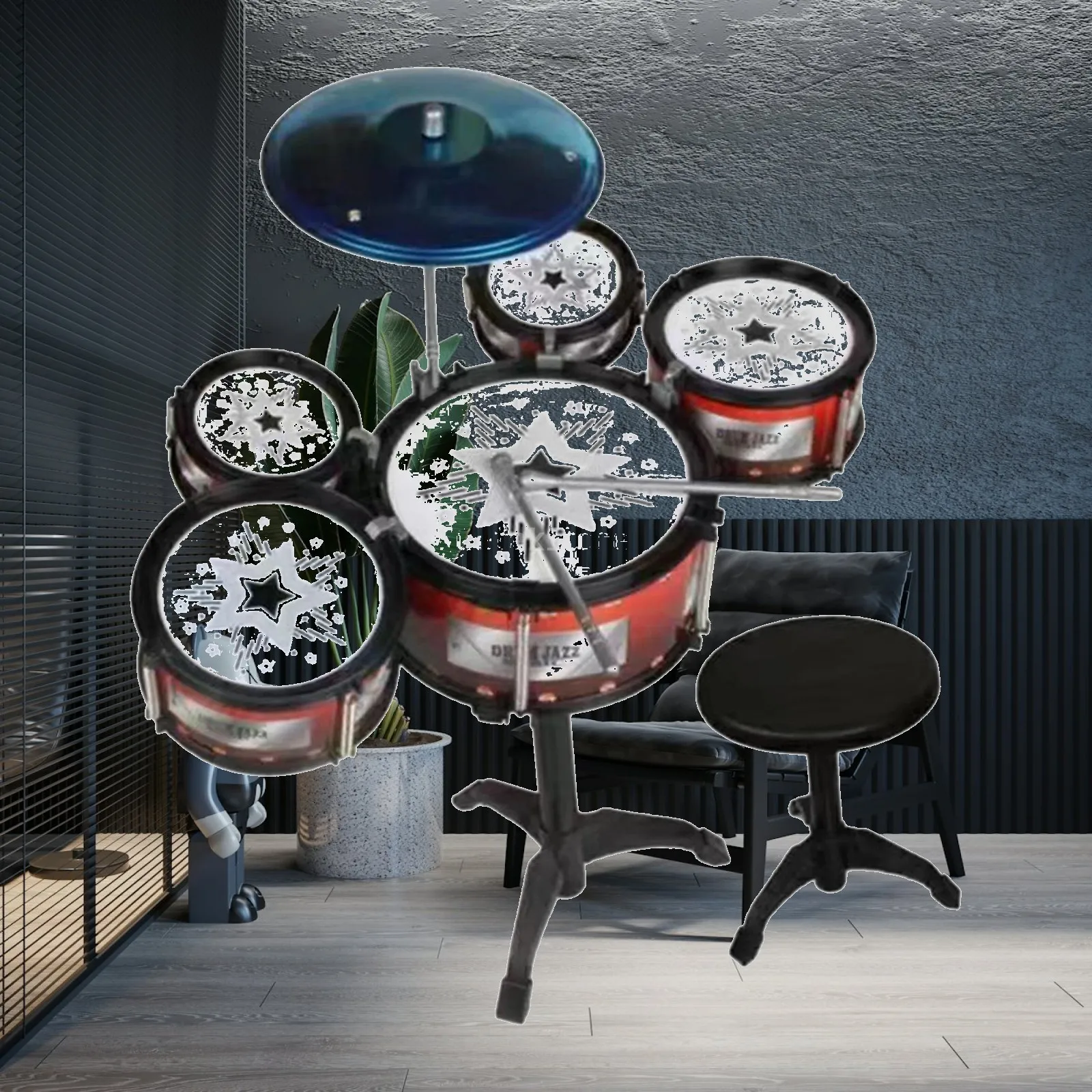 Simulation Drum Kit for Kids Educational Toys Children Motor Skill Toy with Cymbal and Chair Rock Band Set