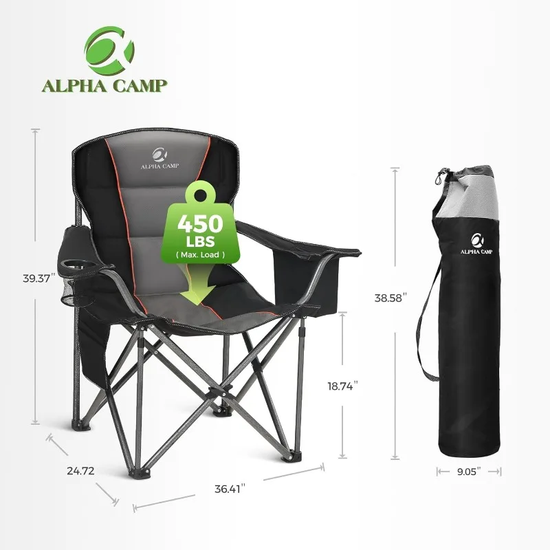 Oversized Camping Cadeira Dobrável, Heavy Duty Suporte, 450 LBS Steel Frame, Dobrável acolchoado Braço Cadeira