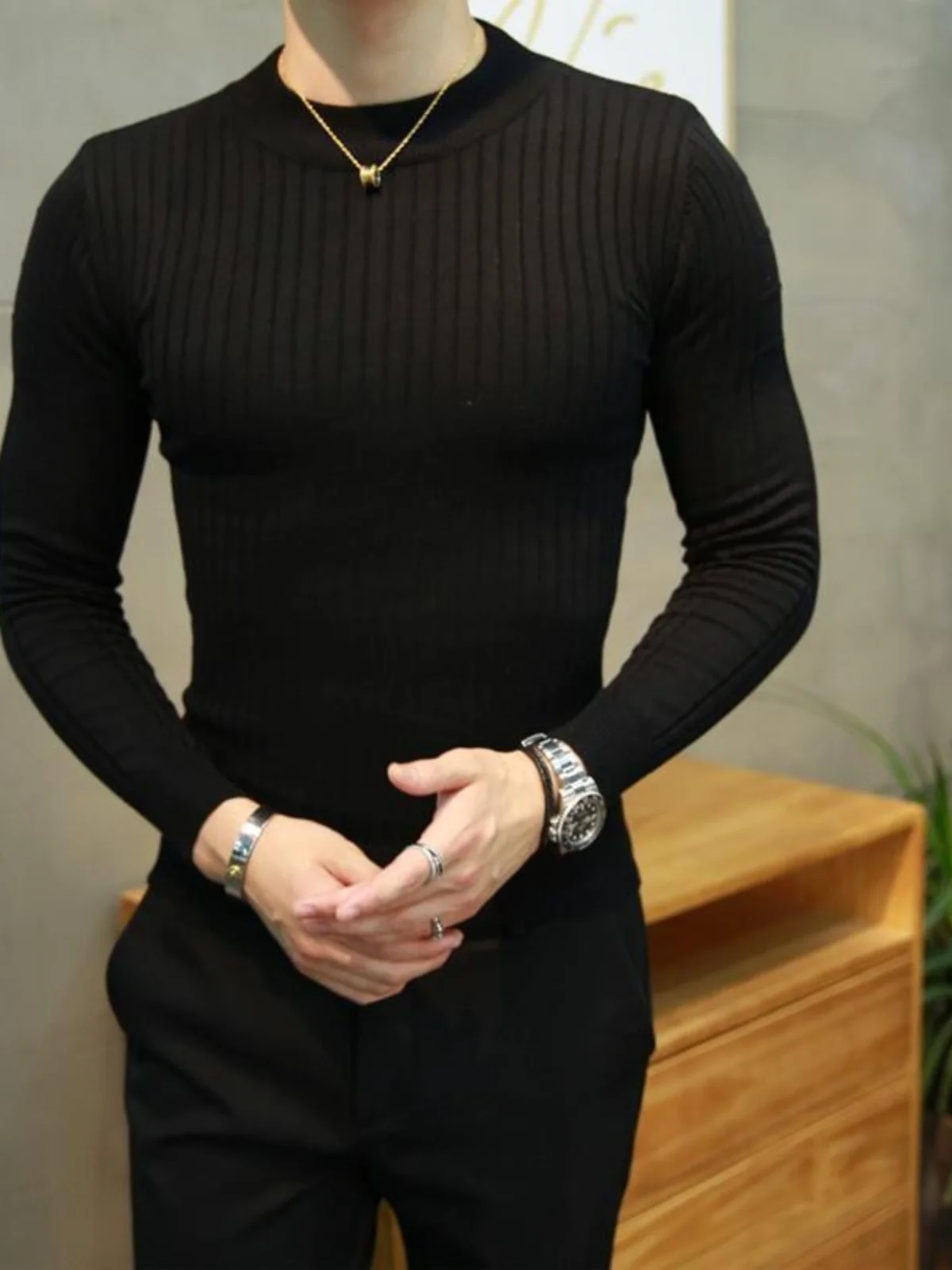 

Korean Sle Thiened Fce Men's Knitted Sweater f High Collar Slim Fit Autumn Winter Home Wear Long Sve Fre Sle