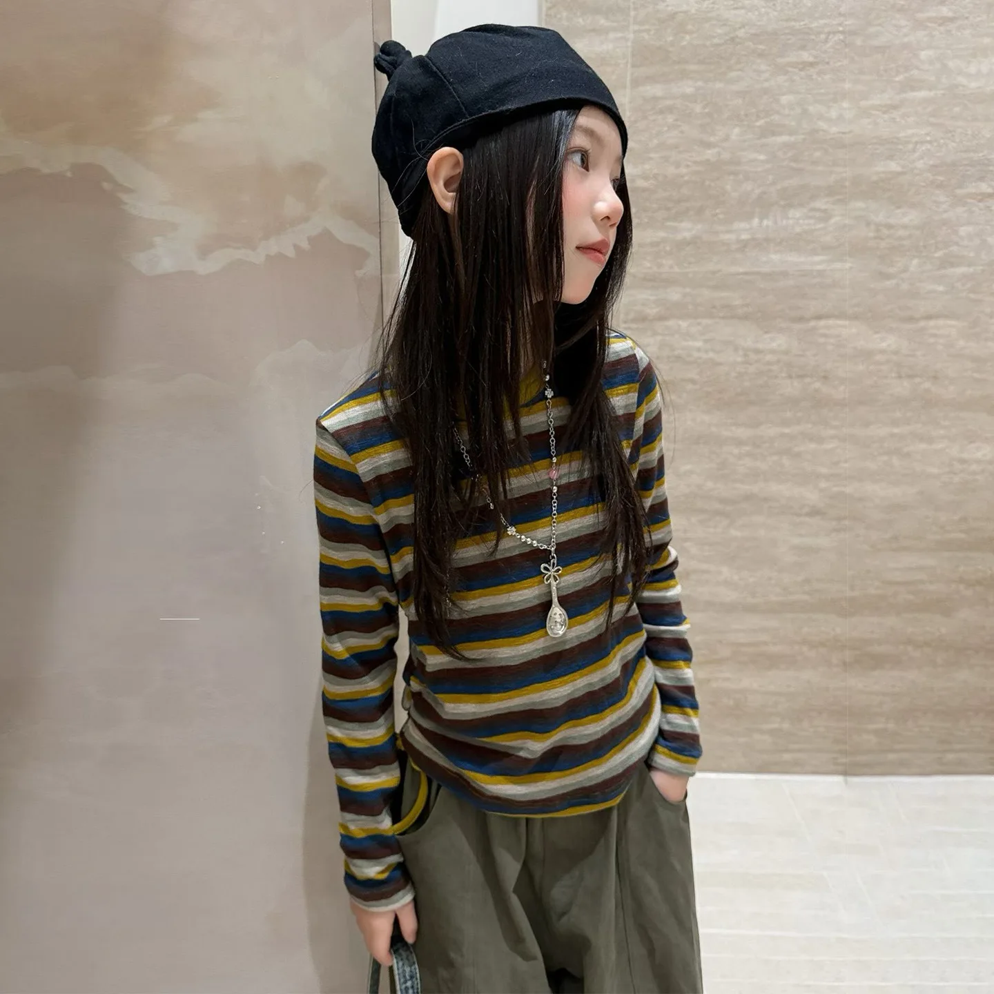 Girls' Spring Autumn 2026 New Fashionable and Stylish Contrasting Striped Long Sleeved Wide Leg Pants