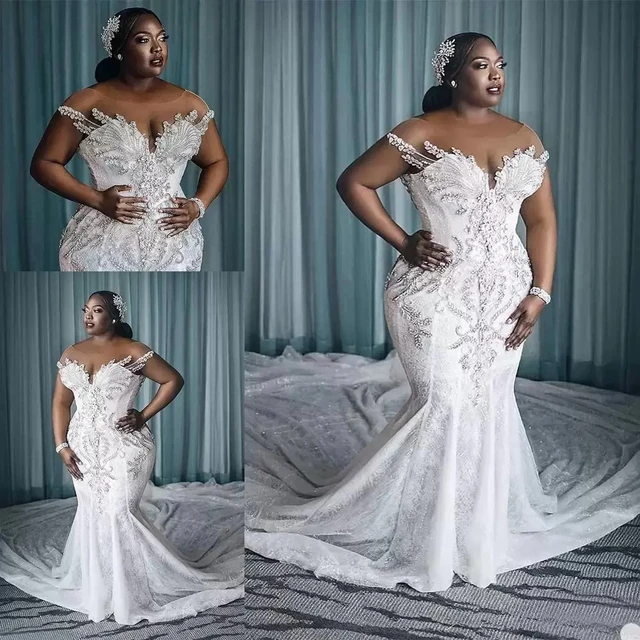 Plus Size Wedding Dress vestido de novia African Crystal Mermaid Bride  Dresses Long Train Sheer Neck Custom Made Bridal Gown - AliExpress