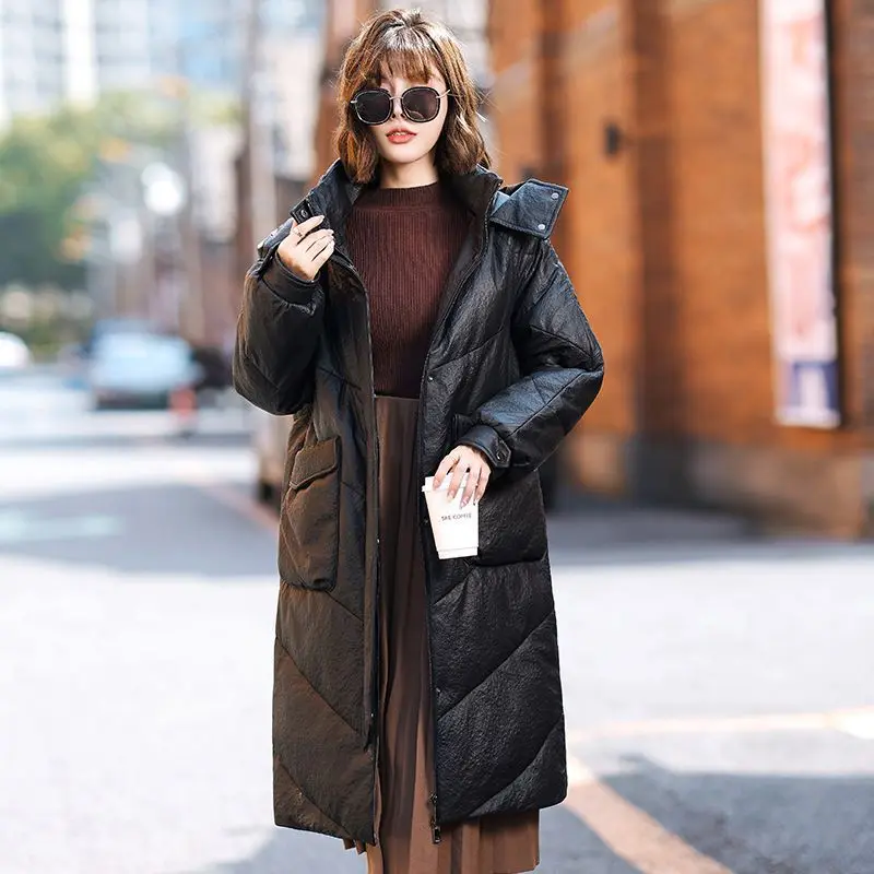 

2024Haining New Winter Genuine Leather Down Women's Mid length Hooded Loose and Simple Genuine Leather Sheepskin Coat