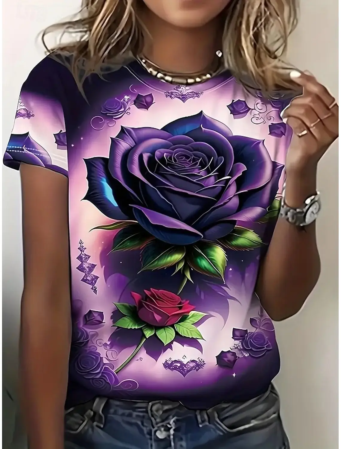 Summer Flowers Rose 3D Print T-shirts Women Streetwear Casual Fashion Y2k Short Sleeve T Shirt O-neck Tees Tops Clothing