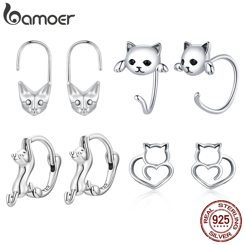 Bamoer Oryginalne srebrne kolczyki z kotem próby 925 Pet Hoop Cute Lovely Animal kitty Dla kobiet Prezent na rocznicę Drobna biżuteria