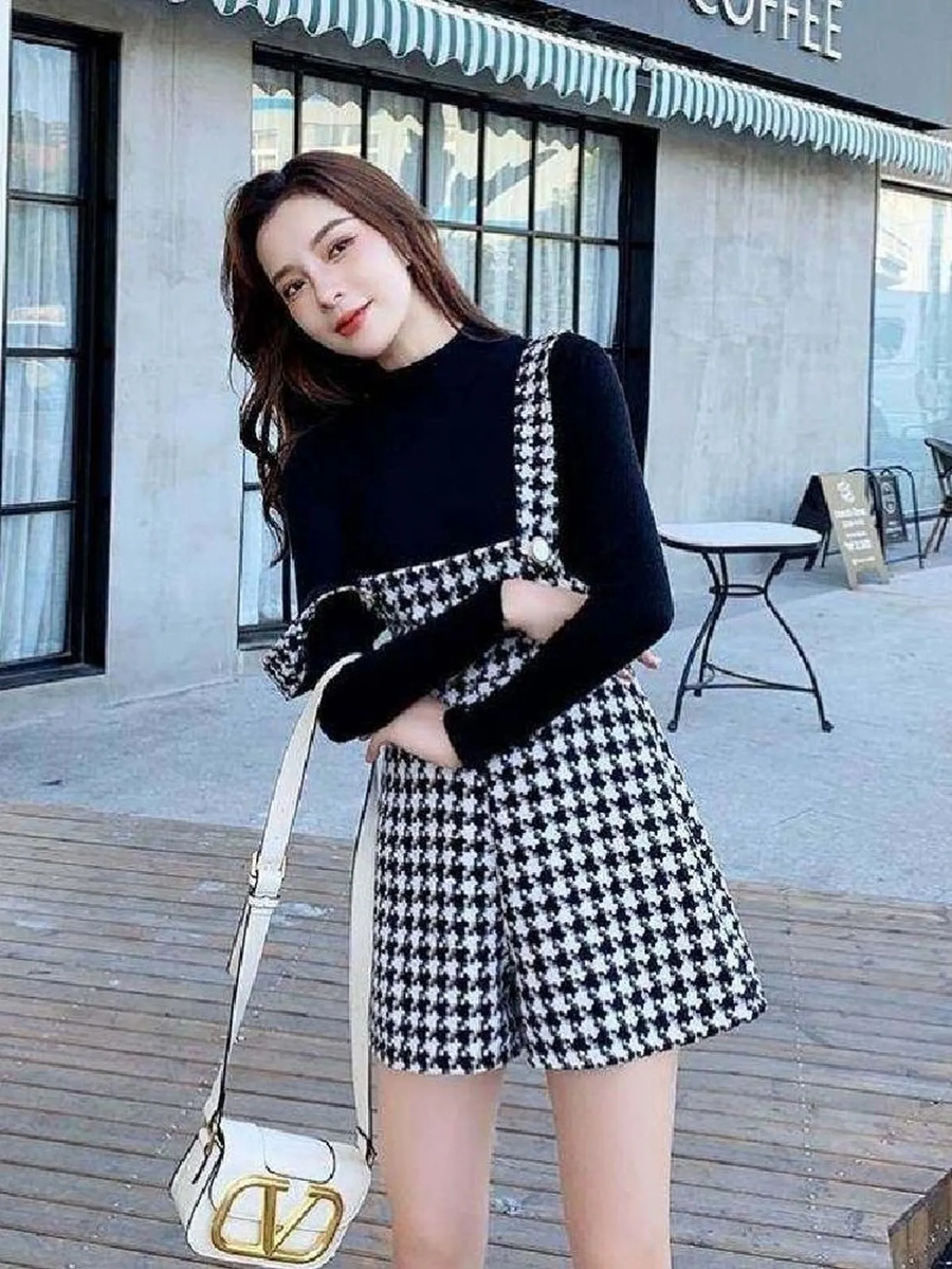 

Autumn Winter Plaid Bib Overalls Women's ort Pants Suit Slimming Vintage Sle Long Sve Commute Faion plus Size