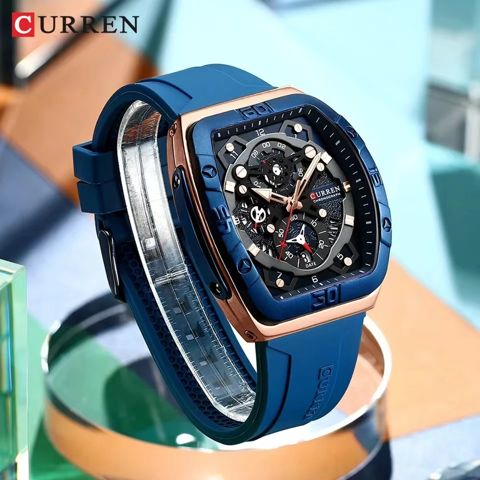 CURREN Watch For Men Barrel Shaped Quartz Creative Fashion Multifunctional Rectangular  Casual Silicone Strap Wristwatch 8443