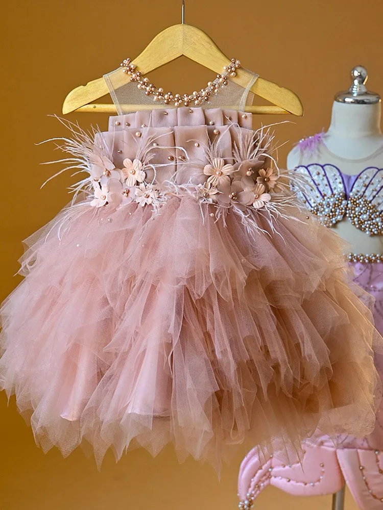 Kids Girls Beading Party Dress for Children Feather Ruffles Princess Costume Dust Pink Evening Vestido Flowers Handmade Wear