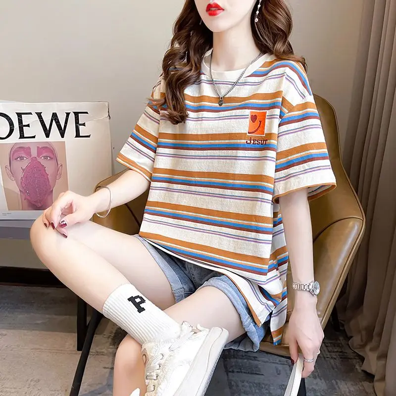 Women's Clothing Korean Striped Contrast Color Casual T-shirt Summer New Fashion Round Neck Short Sleeve Loose Tops for Female