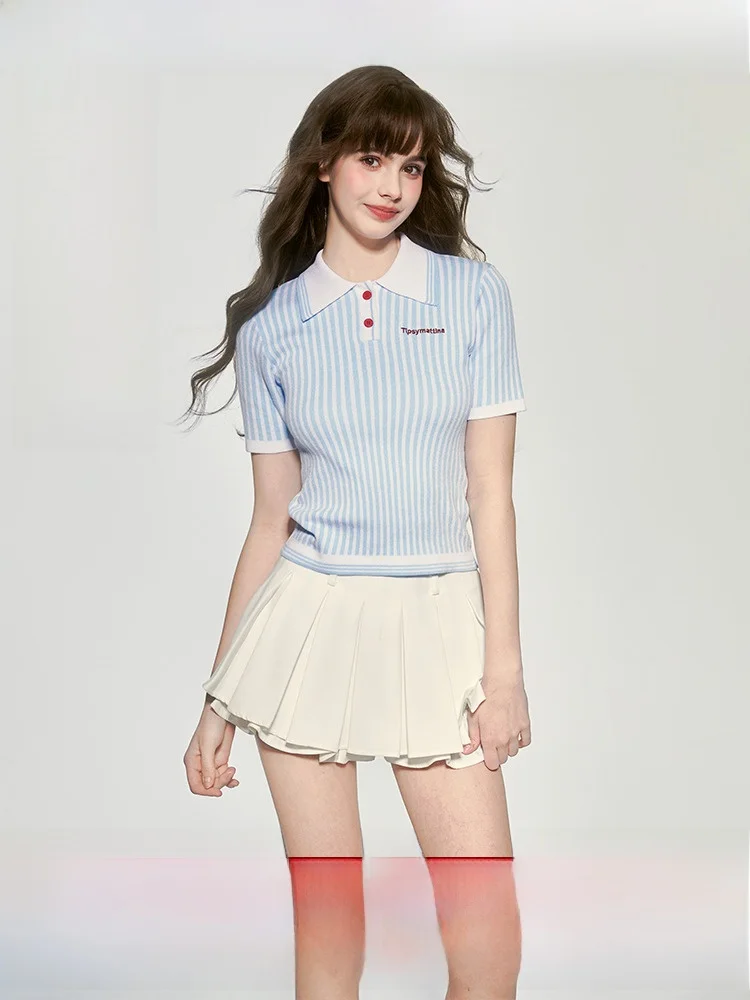 

Tipsymattina Summer New irt Women's Knitted ort Sve Overhead Stripe Pattern Casual Sle Slim Fit Faion