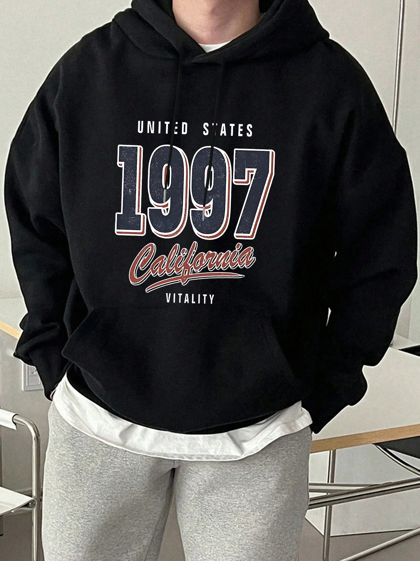

Men's Vintage 1997 California Graphic Hoodie - Black Pullover Sweatshirt with UNITED STATES Text, Relaxed Fit Hooded Sweatshirt